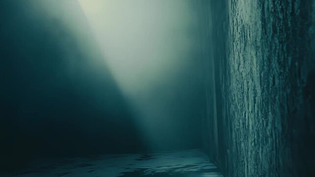 Industrial room featuring a hard cement wall and wet floor catching a strong ray of light from a single opening, creating a mysterious and gloomy atmosphere