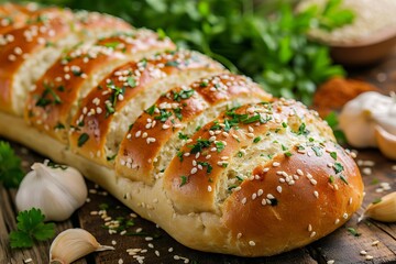 Artisan whole grain bread with slices, garlic cloves, and sesame seeds on a kitchen table