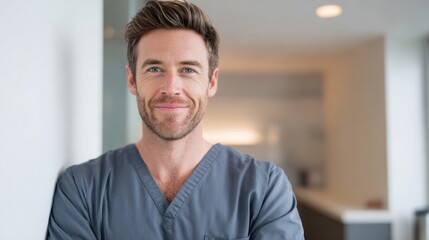 Naklejka premium Confident Healthcare Professional in Scrubs Smiling at the Camera in a Modern Medical Facility