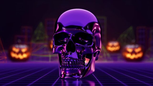 Shiny purple skull on a neon grid background with glowing pumpkins. Represents Halloween themes, spooky aesthetics, and digital art trends