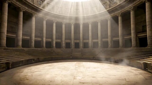 Grand circular colonnade hall massive stone columns sunlight beams streaming through dome misty atmosphere ancient architecture interior