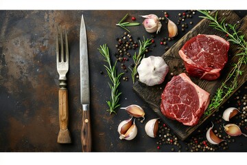 Healthy eating concept  ketogenic low carb ingredients with knife and fork on wooden board