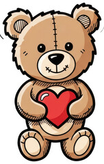 Obraz premium Valentine Teddy bear holding large red heart with stitched details on transparent background