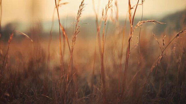Dry grass plumes standing in a field absorb warm golden hour light, reflecting autumn nature, quiet seasons, and a peaceful, serene environment during sunset