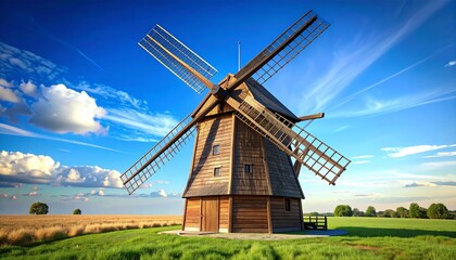 Obraz premium Traditional wooden windmill in rural landscape under blue sky, renewable energy, heritage architecture, countryside concept