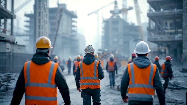 Group construction workers in orange safety vests hard hats walking foggy urban building site cranes skyscrapers morning mist atmosphere