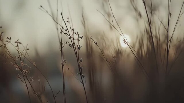 Dry wild grass seed heads appearing in sharp focus foreground with soft bokeh creating a warm, diffused, and natural light environment in the peaceful background at sunset