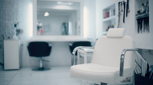 Minimal modern hair salon interior prepared for hair extension procedure, empty chair and tools ready, clean aesthetic, professional beauty service