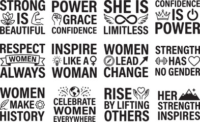 Obraz premium Strong Women Empowerment Quote Typography Set With Feminist Icons and Bold Inspirational Messages for Apparel Posters and Social Media Designs