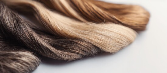 Fototapeta premium Natural hair extension strands displayed in neutral tones, clean background, focus on texture and quality, beauty supply and salon industry concept