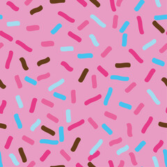 Multicolored sprinkles on pink icing seamless vector pattern. A fun print for holidays and bakeries. Cute abstract donut icing endless background.