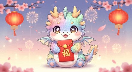 Fototapeta premium Cute baby dragon holding a red envelope with Chinese characters, celebrating Lunar New Year with lanterns and cherry blossoms