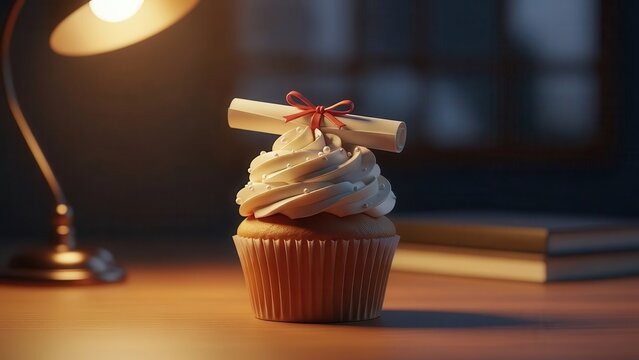 Vanilla cupcake topped with white frosting and a miniature diploma scroll tied with a red ribbon, symbolizing graduation or achievement, illuminated by a desk lamp