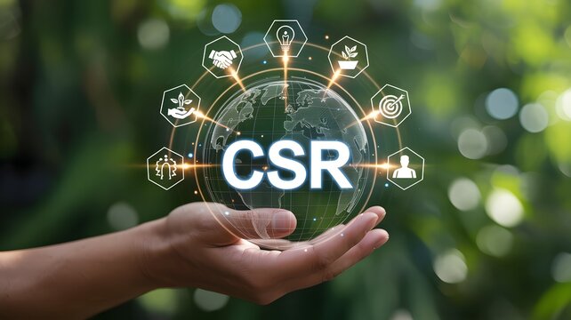 Corporate social responsibility concept: hand holding a glowing earth with csr text and related icons on a green bokeh background