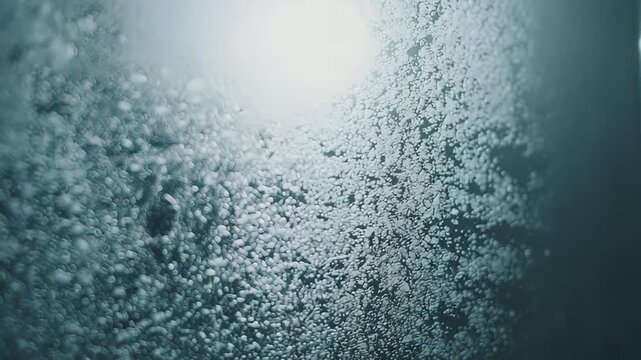 Water droplets accumulating on a transparent surface, creating a textured, opaque background with a diffused light source breaking through the moisture, evoking concepts of steam, fog, or humidity