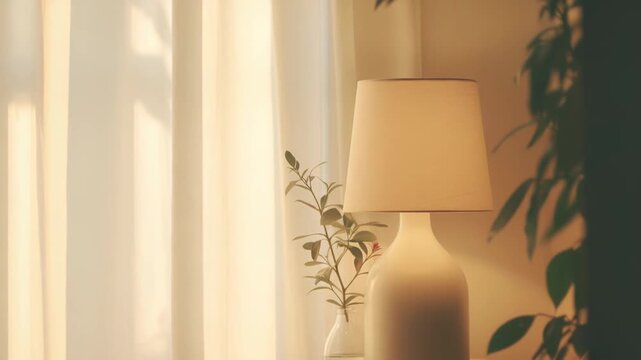 Soft sunlight filtering through sheer curtains and a glowing table lamp creating a tranquil, inviting atmosphere in a cozy residential setting with natural decor elements