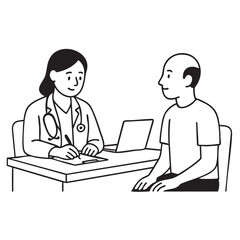 Fototapeta premium Doctor consulting with patient at desk with laptop and stethoscope, simple line art illustration