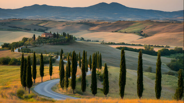 tuscan. Scenic Tuscan countryside road winding through rolling hills under warm sunset light. inspiring travel planning, travel magazines, designed for travel destination branding.