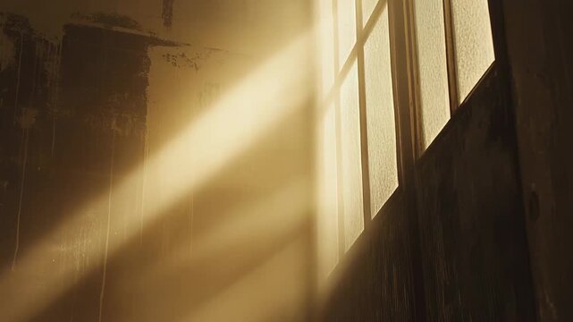 Sunbeam streaming through a gridded window fills a derelict, textured room with warm light and floating dust particles, creating an atmospheric, hopeful scene