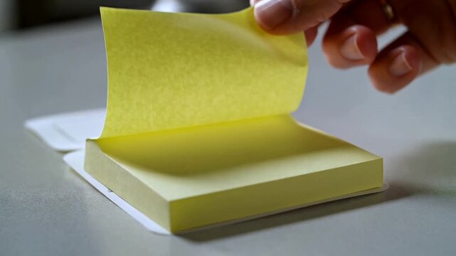 Hand Peeling Off Sticky Note from Stack on Office Desk with Blurred Background Elements