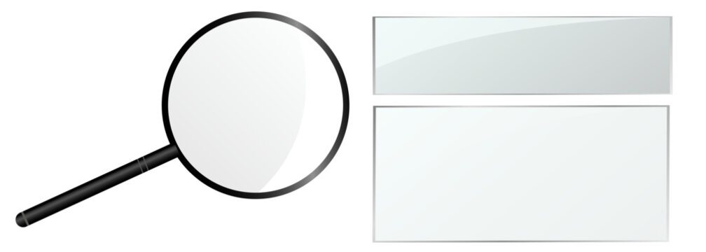 Set of realistic magnifying glass and glass panels on dark and light backgrounds. Transparent glass textures with reflections and highlights, UI elements for search, zoom, inspection, or interface des