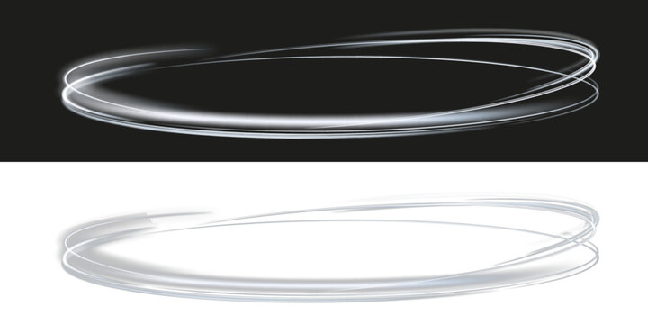 Silver glowing light ring forming an abstract circular energy loop on black background, smooth metallic luminous swirl with futuristic motion effect.