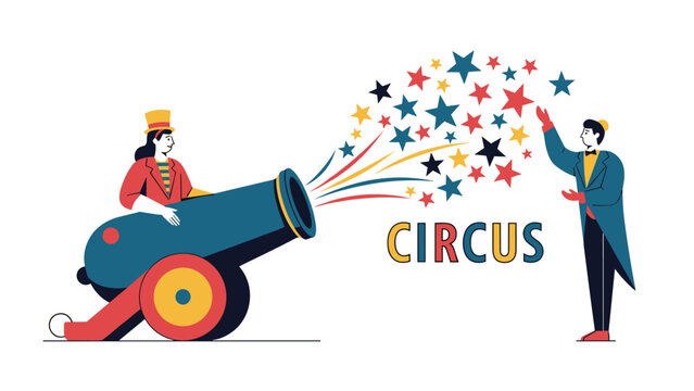 Circus performers with a large cannon shooting out colorful stars in a vintage style showmanship theatrical vector illustration.