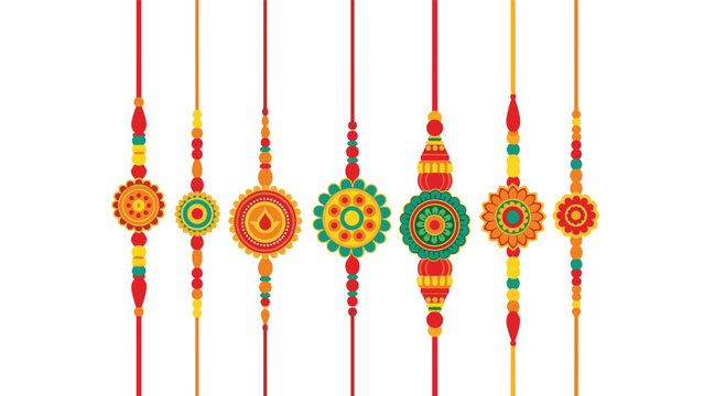 Variety of colorful rakhi threads with different bead designs and symbols for the Indian festival celebration of Raksha Bandhan.