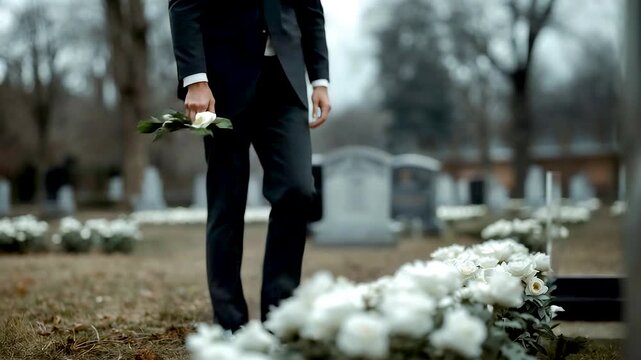 Man in black suit holding single rose walking through snowy cemetery graves winter mourning solemn scene gray sky