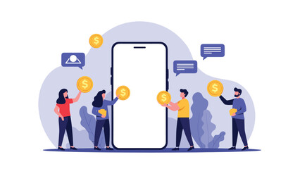 Naklejka premium Group of diverse people using their smartphones for mobile payments and financial management around a giant phone screen.