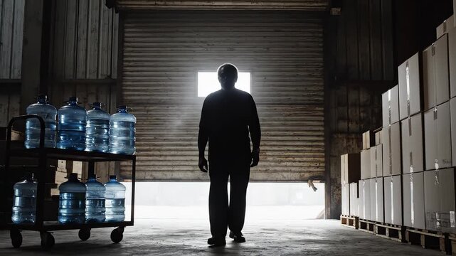 Person standing in warehouse with water bottles