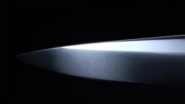 Close-up of a sharp knife blade reflecting light against a dark background. Symbolizes precision, craftsmanship, and culinary excellence