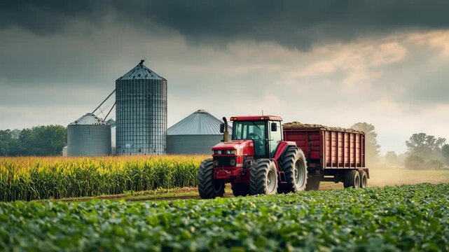 A vibrant image of a tractor in action within a farm field, the tractor is pulling a trailer, showcasing agricultural work