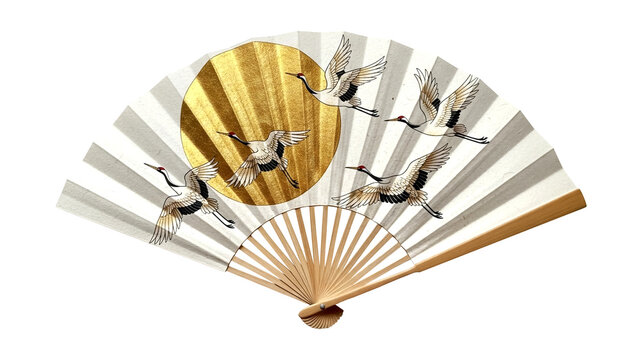 Elegant Folding Fan with Flying Red Crowned Crane and Golden Full Moon Illustration, Traditional Asian Oriental Art