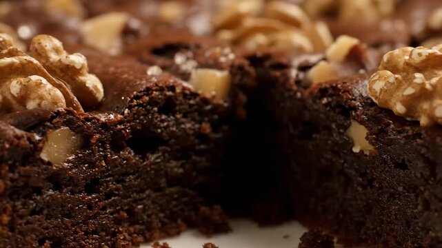 Macro shot of rich, moist dark chocolate brownie cake with walnuts. Decadent homemade fudge dessert, extreme close-up detail showing the crumb and nut topping.