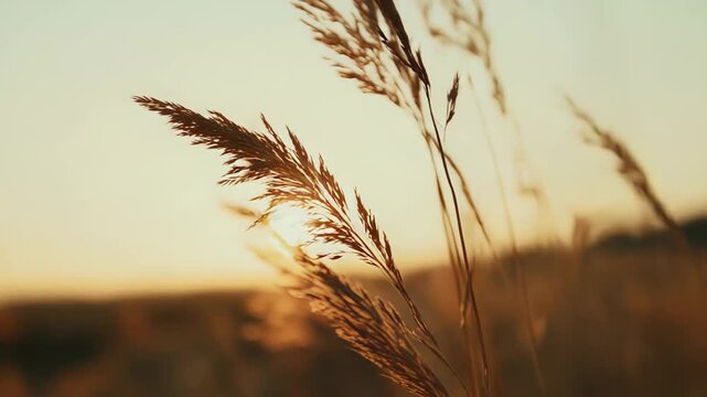 Dry pampas grass plumes glowing in warm golden hour sunset light over a rural field, evoking serene autumn dusk, calm countryside beauty and soft sunlit textures