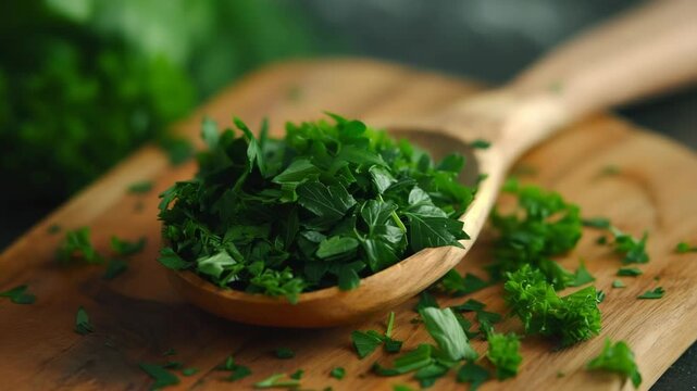 Freshly chopped parsley in wooden spoon, perfect ingredient for cooking
