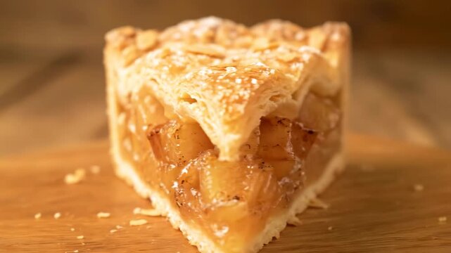 Extreme close-up of a slice of rustic apple pie or tart showing flaky pastry crust layers, caramelized cinnamon apple filling, and crystalized sugar topping on a wooden background.