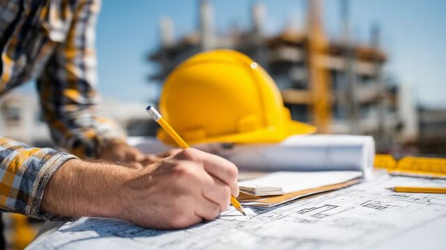 Construction worker analyzing blueprints with a hardhat. The image highlights construction concepts with a focus on planning and architecture