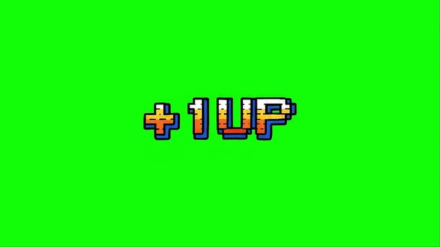 Plus one up pixel art text for video game design and ui element, green screen background