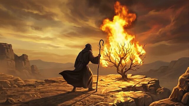 Moses approaching the burning bush for divine revelation, spiritual encounter digital illustra