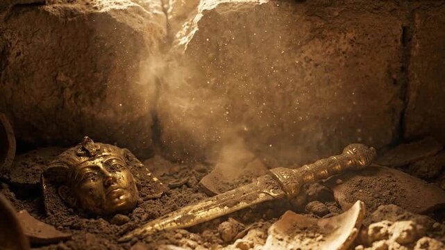 Ancient Egyptian Golden Mask and Dagger Discovered in Dusty Sunlit Tomb