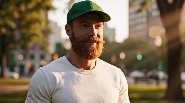 Confident Red-Bearded Man in City Park Adjusting His Green Baseball Cap Amidst Sunny Weather
