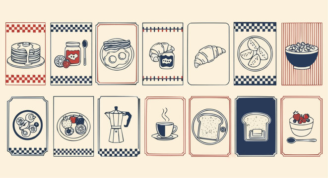Breakfast food icons set in a grid layout with various morning meal illustrations and decorative backgrounds