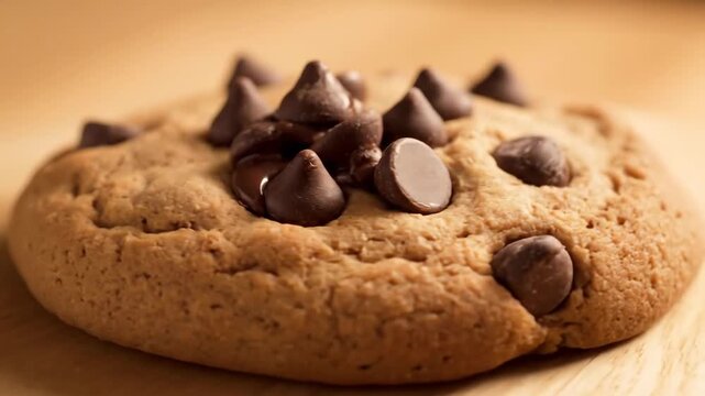 Delicious chocolate chip cookie topped with large chocolate morsels, presented on a wooden surface. Freshly baked dessert macro close-up with warm lighting.