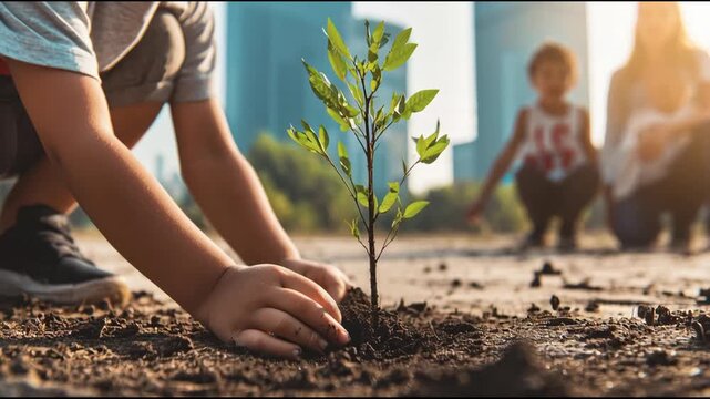 A young child plants a sapling on Earth Day with family in an urban garden highlighting a fresh ecological viewpoint