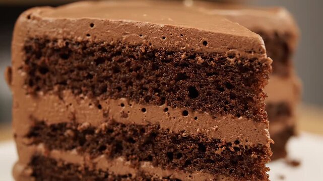 Decadent layered chocolate cake slice with smooth dark chocolate frosting, photographed in a detailed macro shot emphasizing texture.