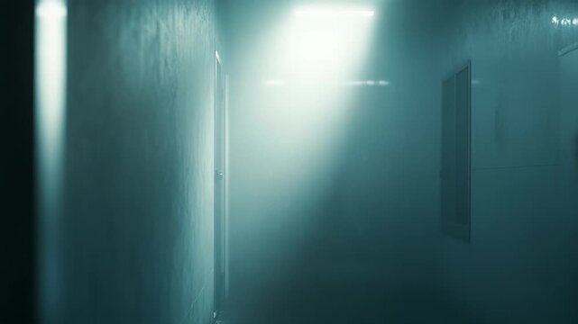 Dark, long corridor with a bright light ray illuminating dust particles, creating a mysterious and atmospheric scene suggesting an unknown path or an escape