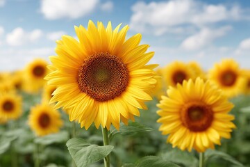 Fototapeta premium Close-up of a vibrant sunflower in a field on a sunny day with a blue sky and clouds