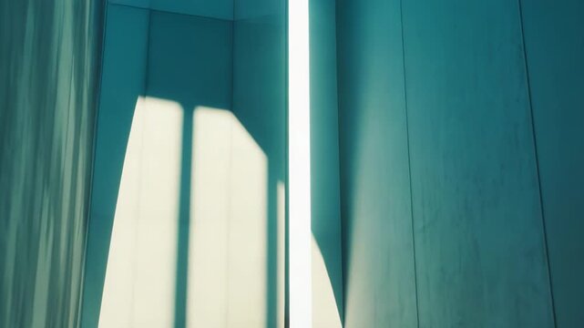 Minimalist interior space featuring sharp geometric shadows from natural light, creating a stark contrast and focusing on lines, texture, and abstract forms on concrete walls